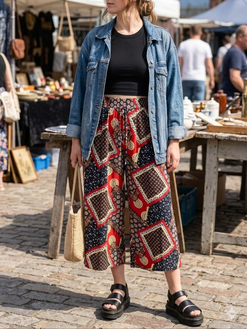 Y2K Vintage Rayon Scarf Print Wide Leg Pants Small Cropped Boho Casual Summer